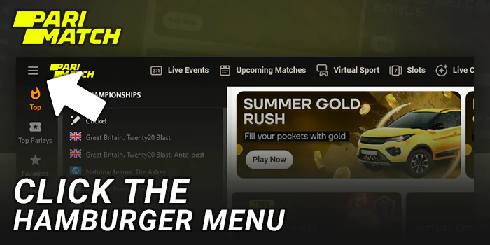 Open the main menu on the Parimatch website