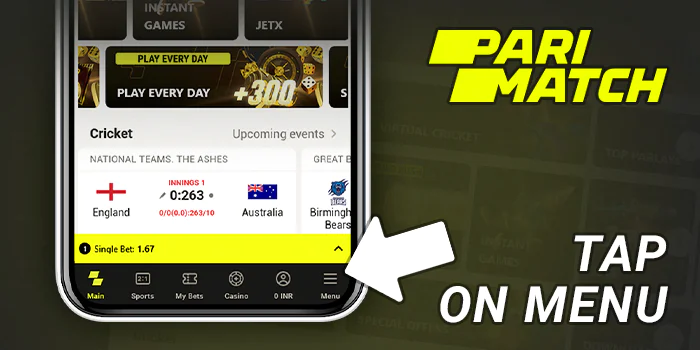 Open the Parimatch website menu on your iOS phone