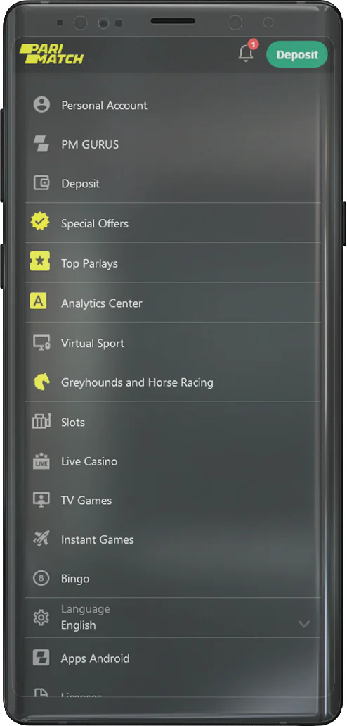 Screenshot of the Parimatch application main menu