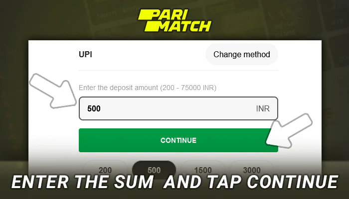 Enter the amount to deposit to Parimatch