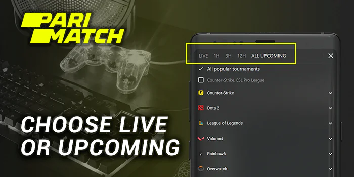 Choose Live or upcoming e-sports event at Parimatch