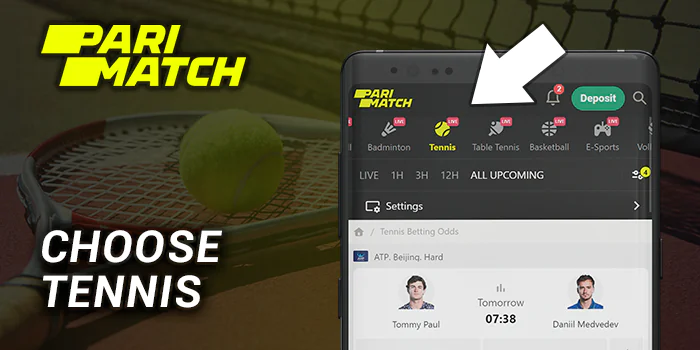 Choose tennis section at Parimatch using sports menu
