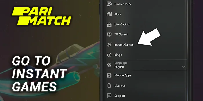 Go to Parimatch instant games using side menu