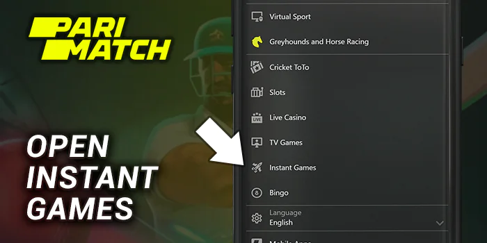 Open Parimatch instant games section using main menu