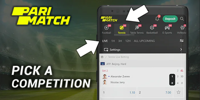 Use a Parimatch menu to pick a live competition or list of the events