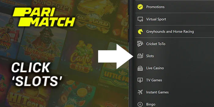 Open Slots page at Parimatch using side menu