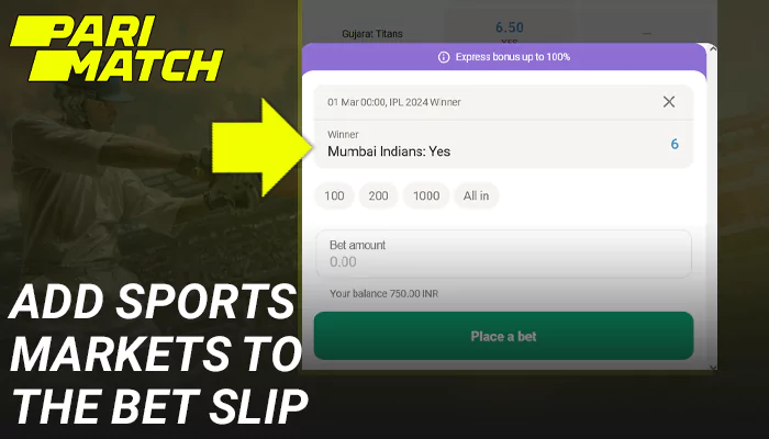 Add sports markets to bet slip at Parimatch
