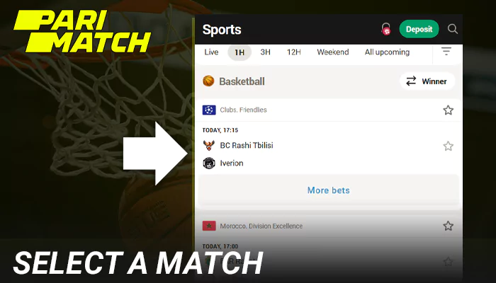 Select a basketball match at Parimatch